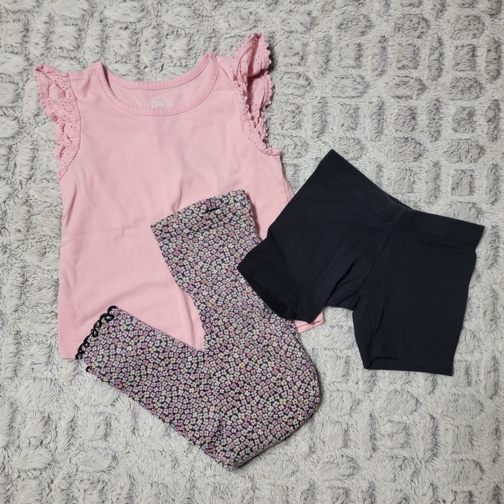 Girl's Clothing Bundle - Cute Pink Top, Flower Pants, Black Shorts - Size 4-5